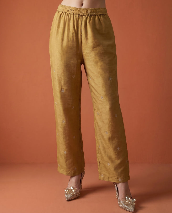 Golden Coloured Embroidered Viscose &amp; Silk Blended Co-Ord Set