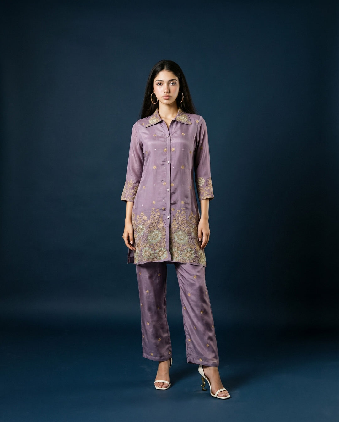 Lavender Embroidered Viscose &amp; Silk Blended Co-Ord Set