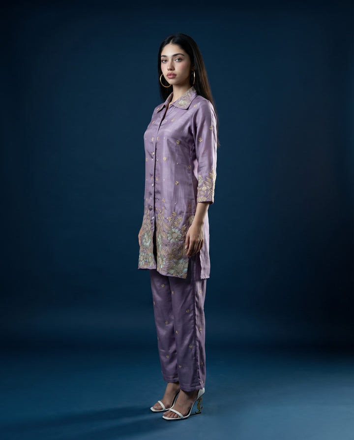 Lavender Embroidered Viscose &amp; Silk Blended Co-Ord Set