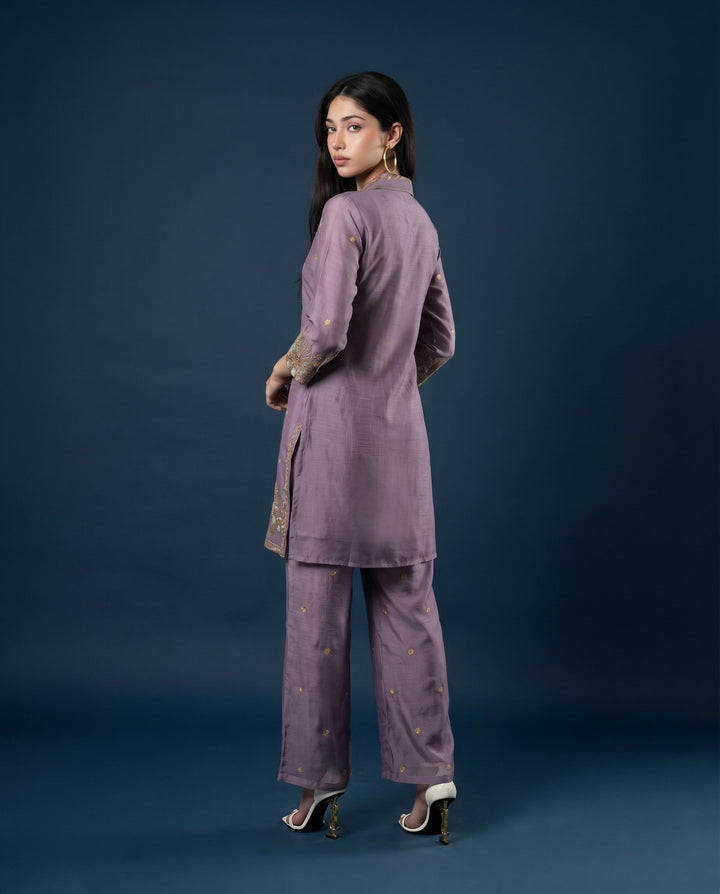 Lavender Embroidered Viscose &amp; Silk Blended Co-Ord Set