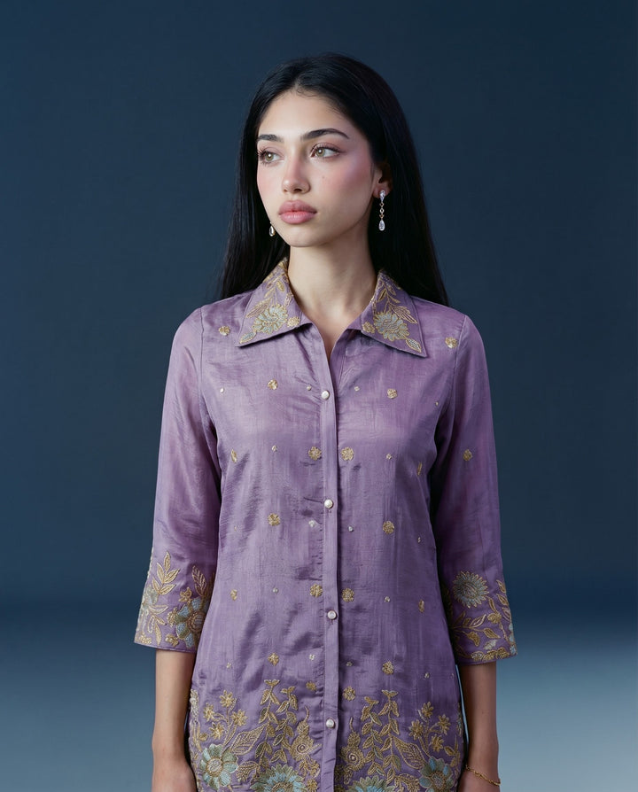 Lavender Embroidered Viscose &amp; Silk Blended Co-Ord Set