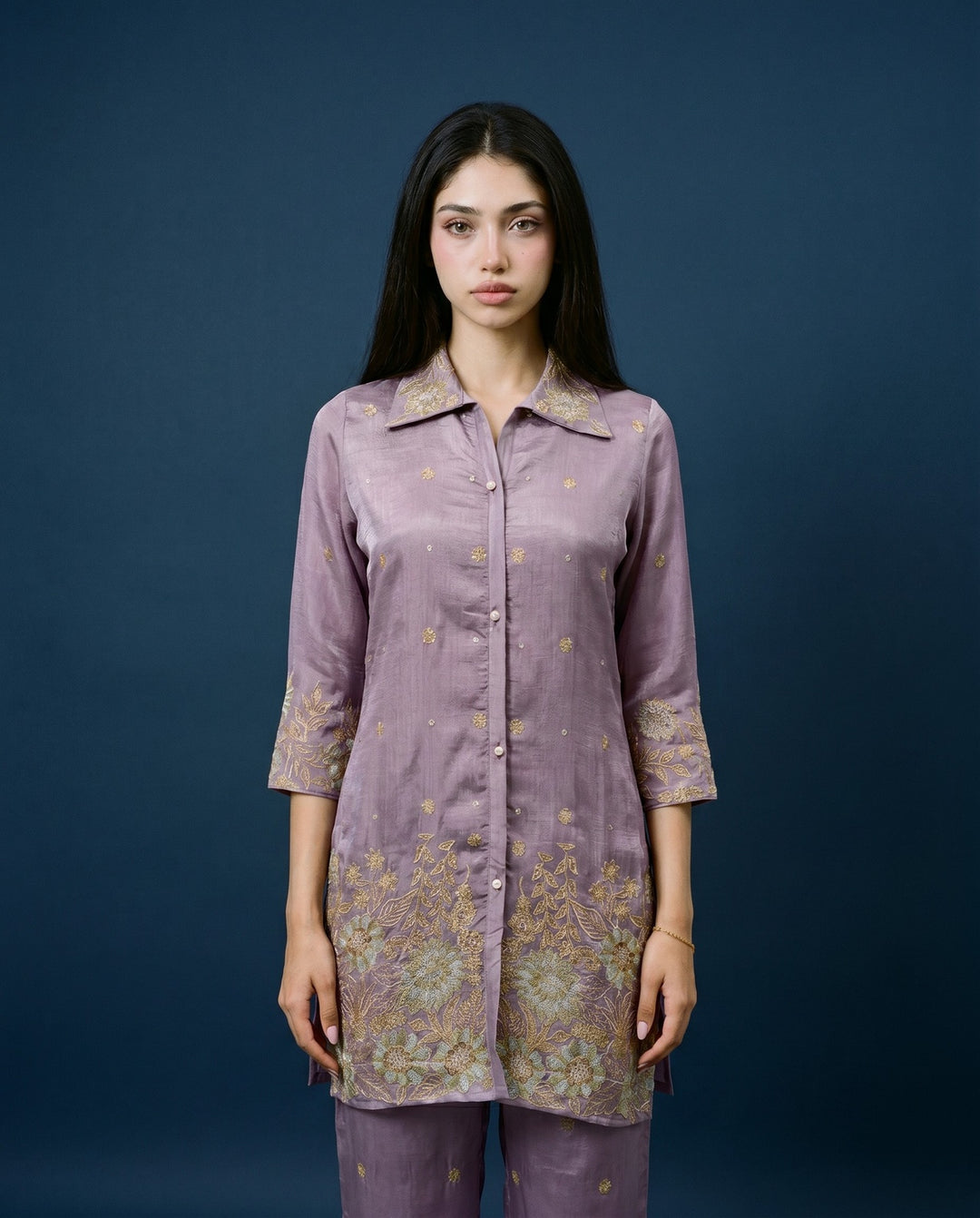 Lavender Embroidered Viscose &amp; Silk Blended Co-Ord Set
