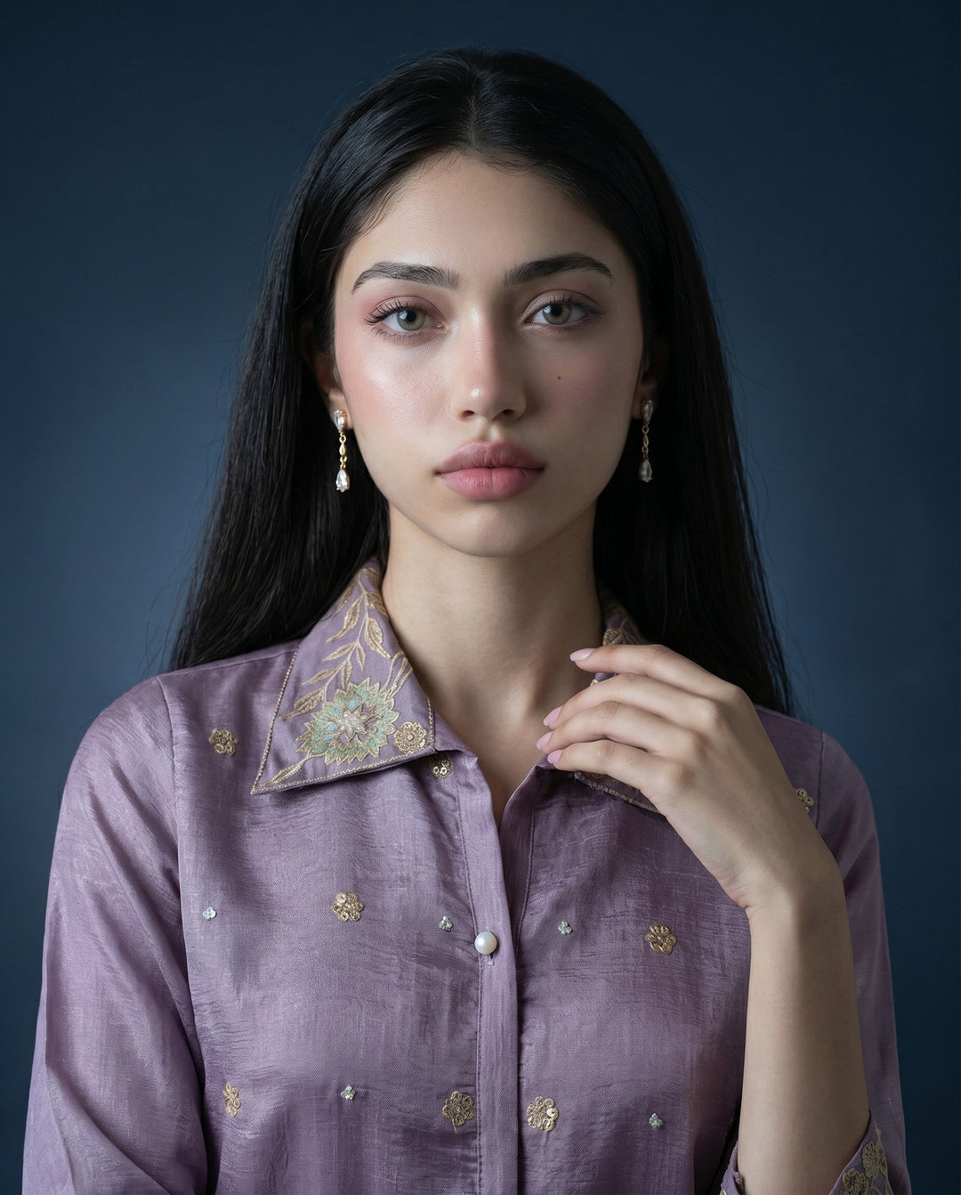 Lavender Embroidered Viscose &amp; Silk Blended Co-Ord Set