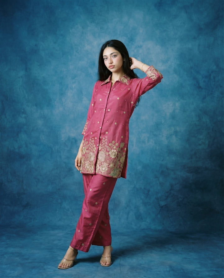 Magenta Embroidered Viscose &amp; Silk Blended Co-Ord Set