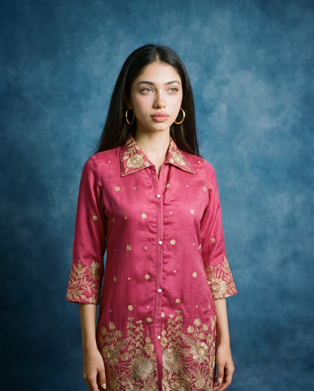 Magenta Embroidered Viscose &amp; Silk Blended Co-Ord Set