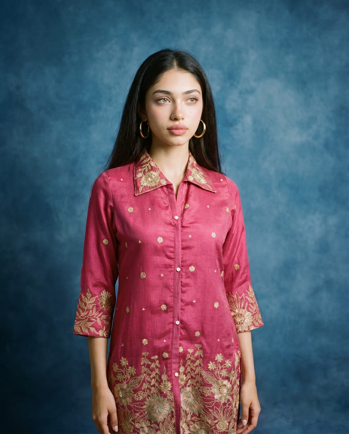 Magenta Embroidered Viscose &amp; Silk Blended Co-Ord Set