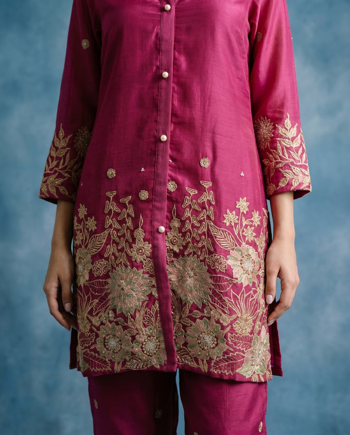 Magenta Embroidered Viscose &amp; Silk Blended Co-Ord Set
