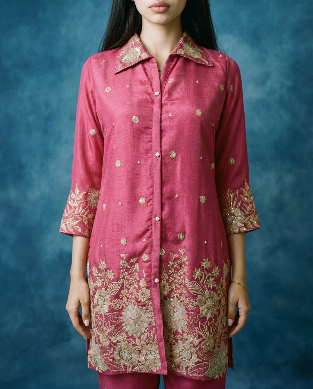 Magenta Embroidered Viscose &amp; Silk Blended Co-Ord Set