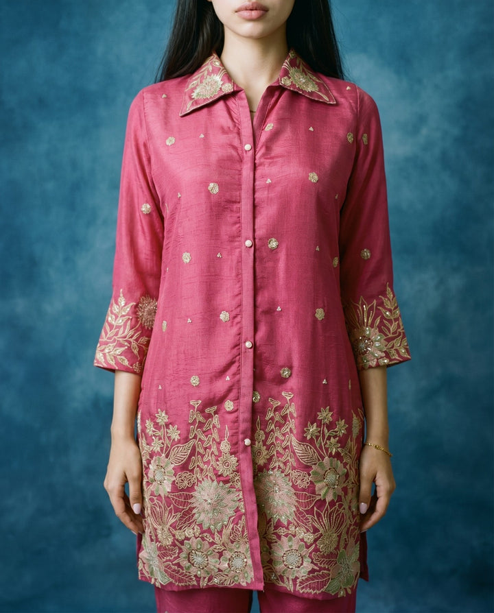 Magenta Embroidered Viscose &amp; Silk Blended Co-Ord Set