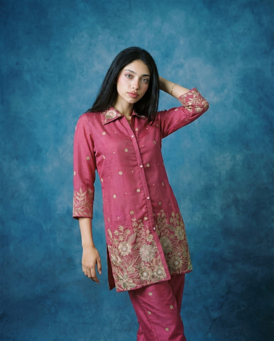 Magenta Embroidered Viscose &amp; Silk Blended Co-Ord Set