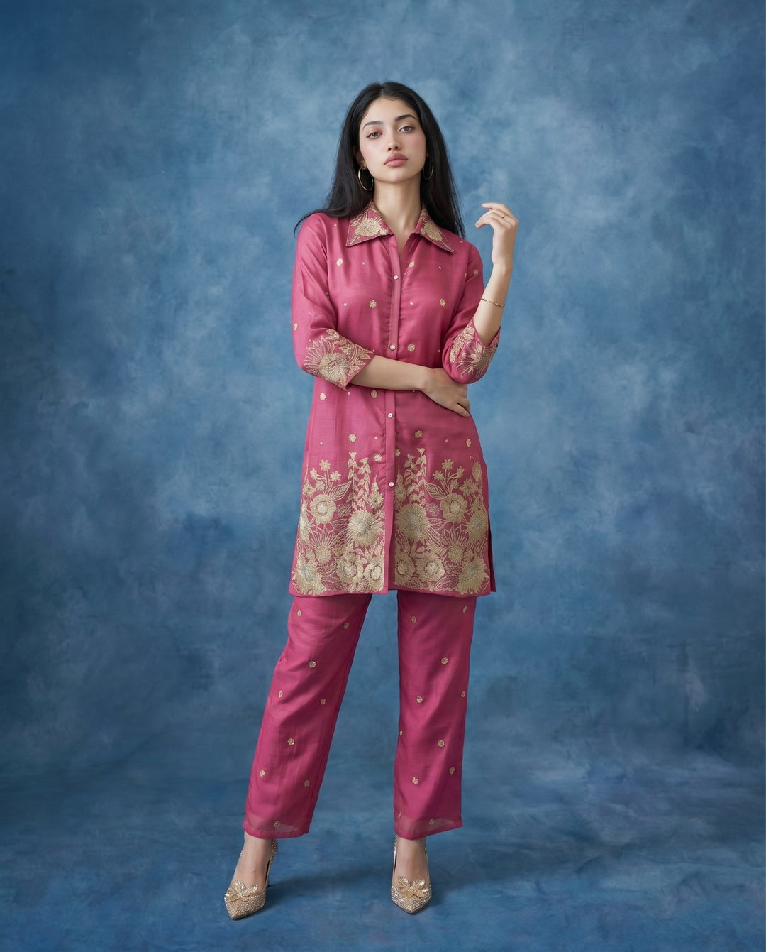 Magenta Embroidered Viscose &amp; Silk Blended Co-Ord Set