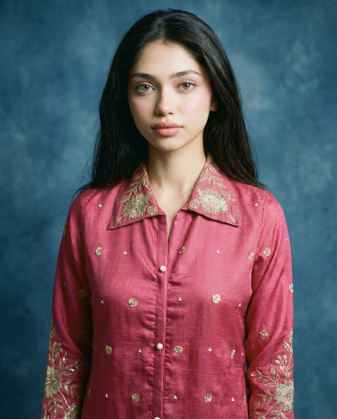 Magenta Embroidered Viscose &amp; Silk Blended Co-Ord Set