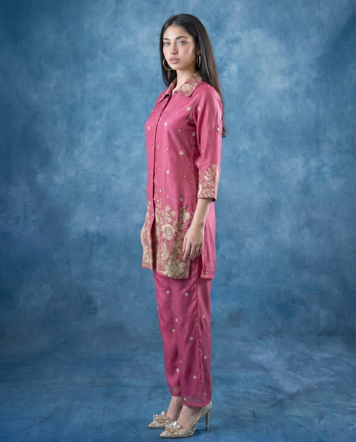 Magenta Embroidered Viscose &amp; Silk Blended Co-Ord Set