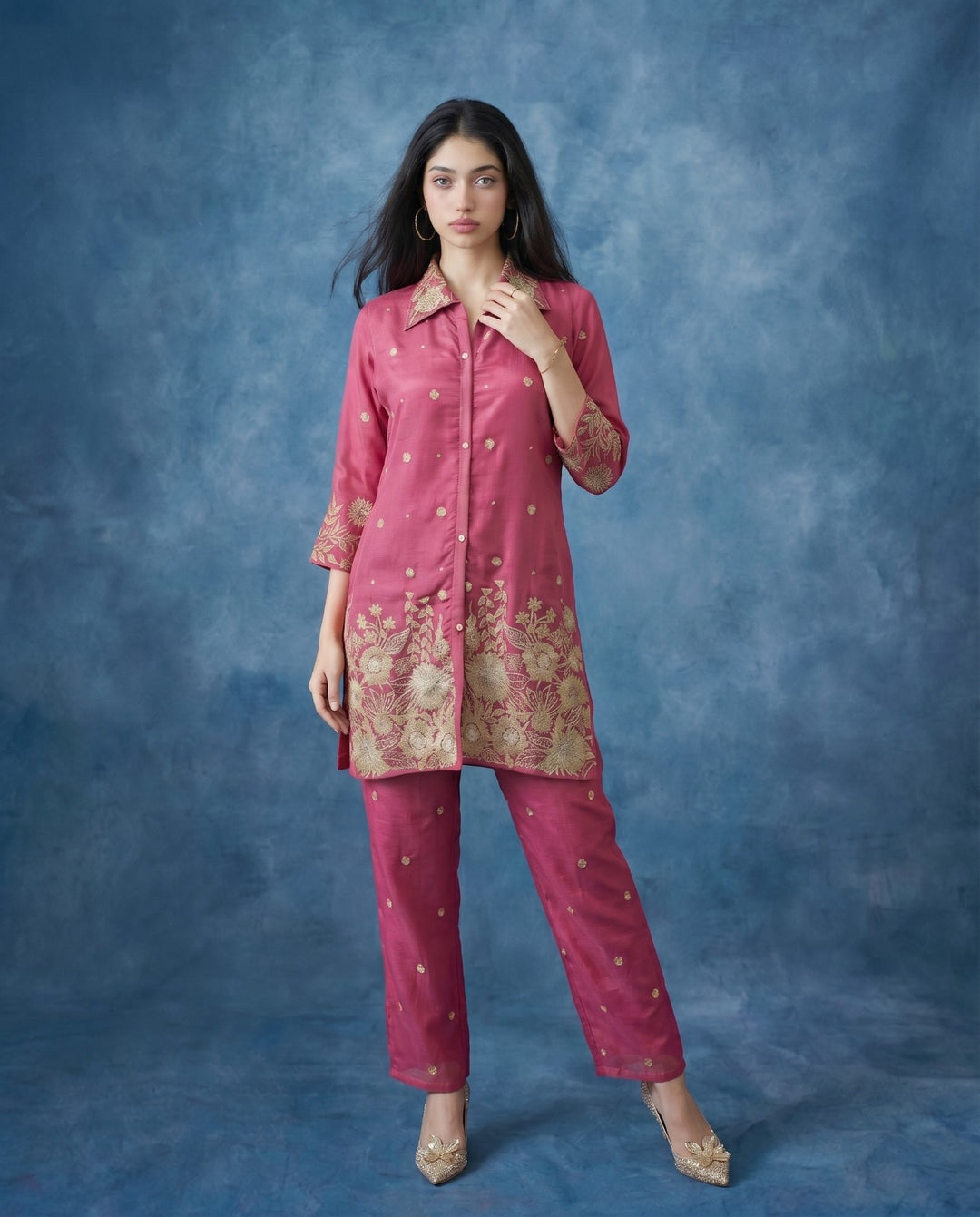 Magenta Embroidered Viscose &amp; Silk Blended Co-Ord Set