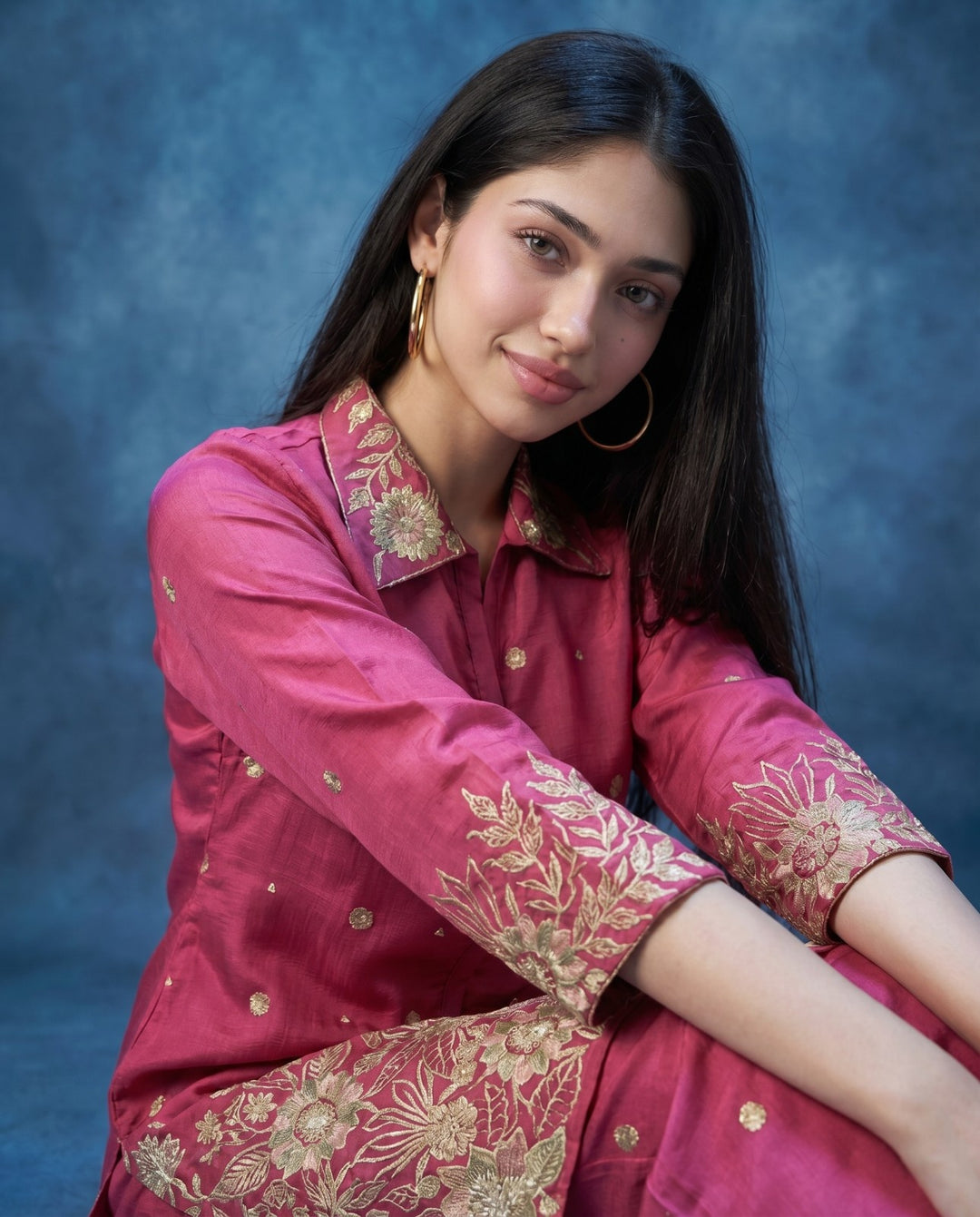 Magenta Embroidered Viscose &amp; Silk Blended Co-Ord Set