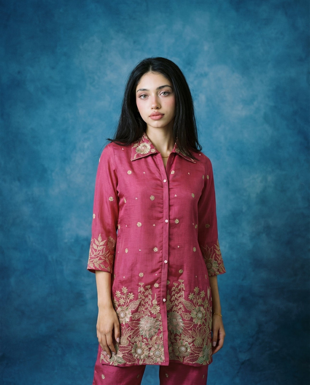 Magenta Embroidered Viscose &amp; Silk Blended Co-Ord Set