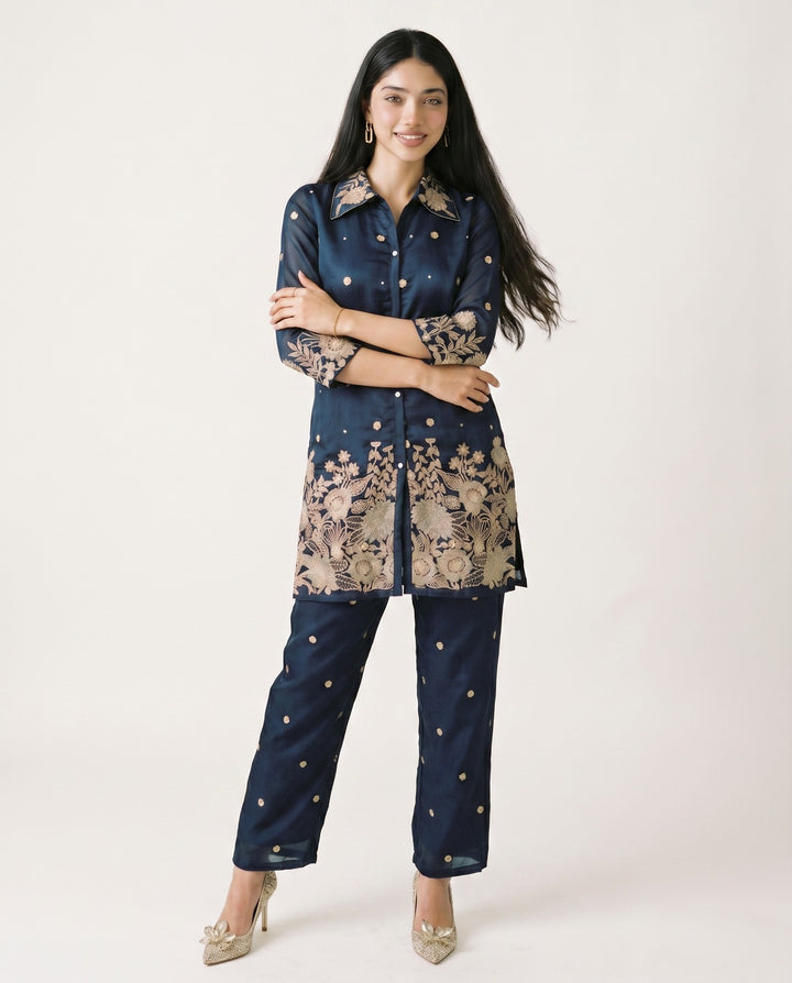 Navy Blue Embroidered Viscose &amp; Silk Blended Co-Ord Set