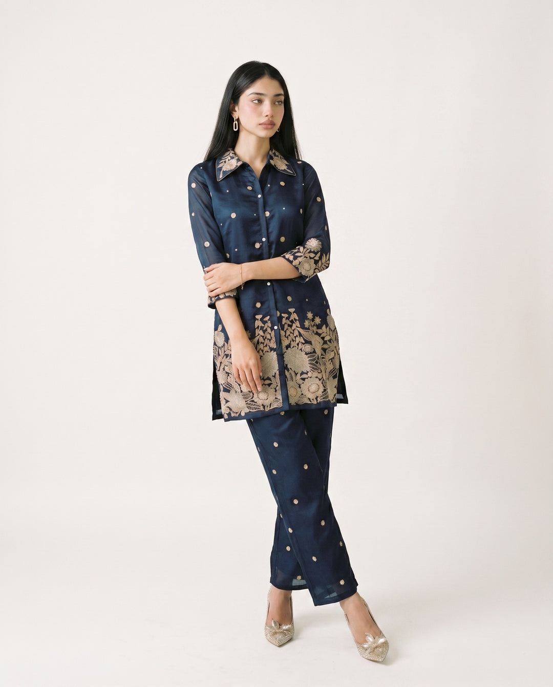 Navy Blue Embroidered Viscose &amp; Silk Blended Co-Ord Set