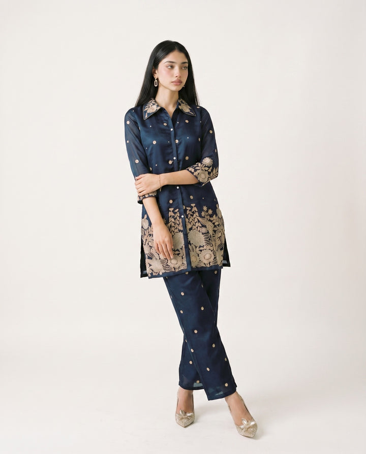 Navy Blue Embroidered Viscose &amp; Silk Blended Co-Ord Set