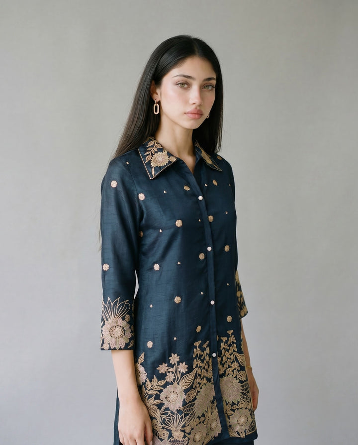 Navy Blue Embroidered Viscose &amp; Silk Blended Co-Ord Set