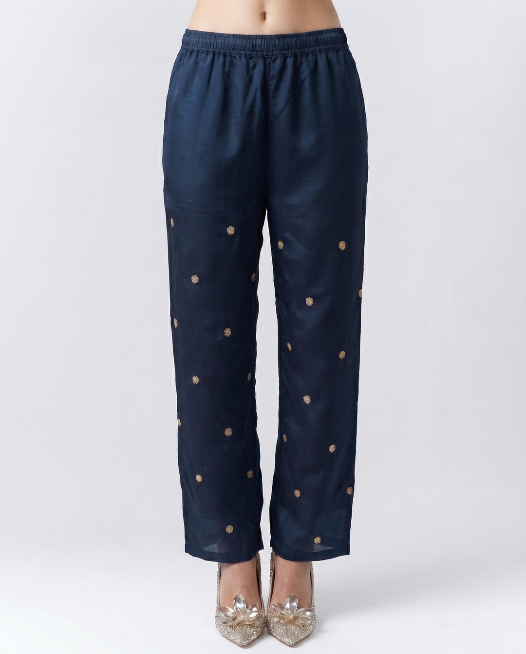 Navy Blue Embroidered Viscose &amp; Silk Blended Co-Ord Set