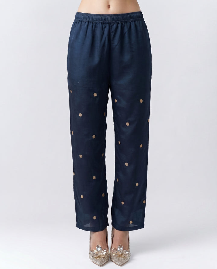 Navy Blue Embroidered Viscose &amp; Silk Blended Co-Ord Set