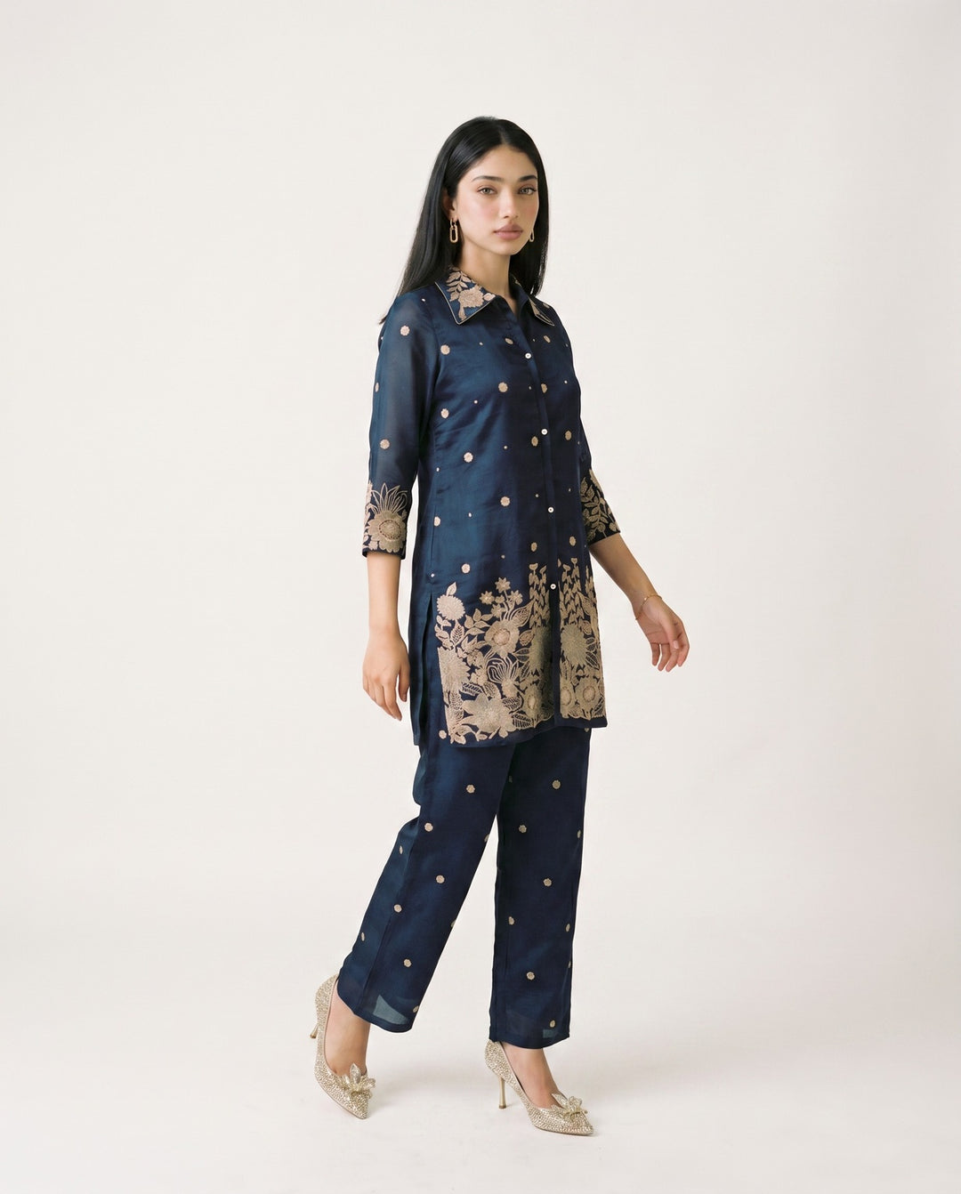 Navy Blue Embroidered Viscose &amp; Silk Blended Co-Ord Set