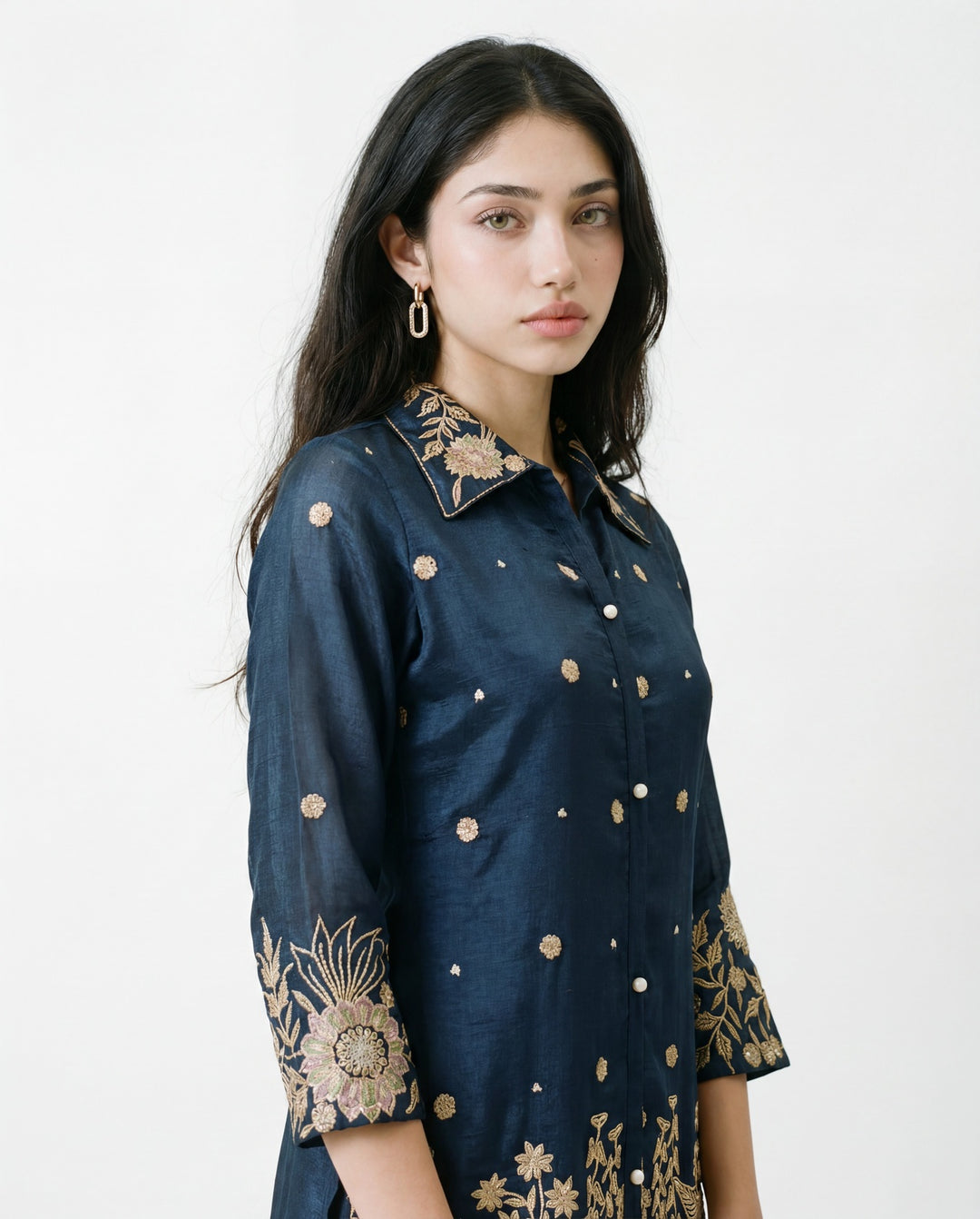 Navy Blue Embroidered Viscose &amp; Silk Blended Co-Ord Set