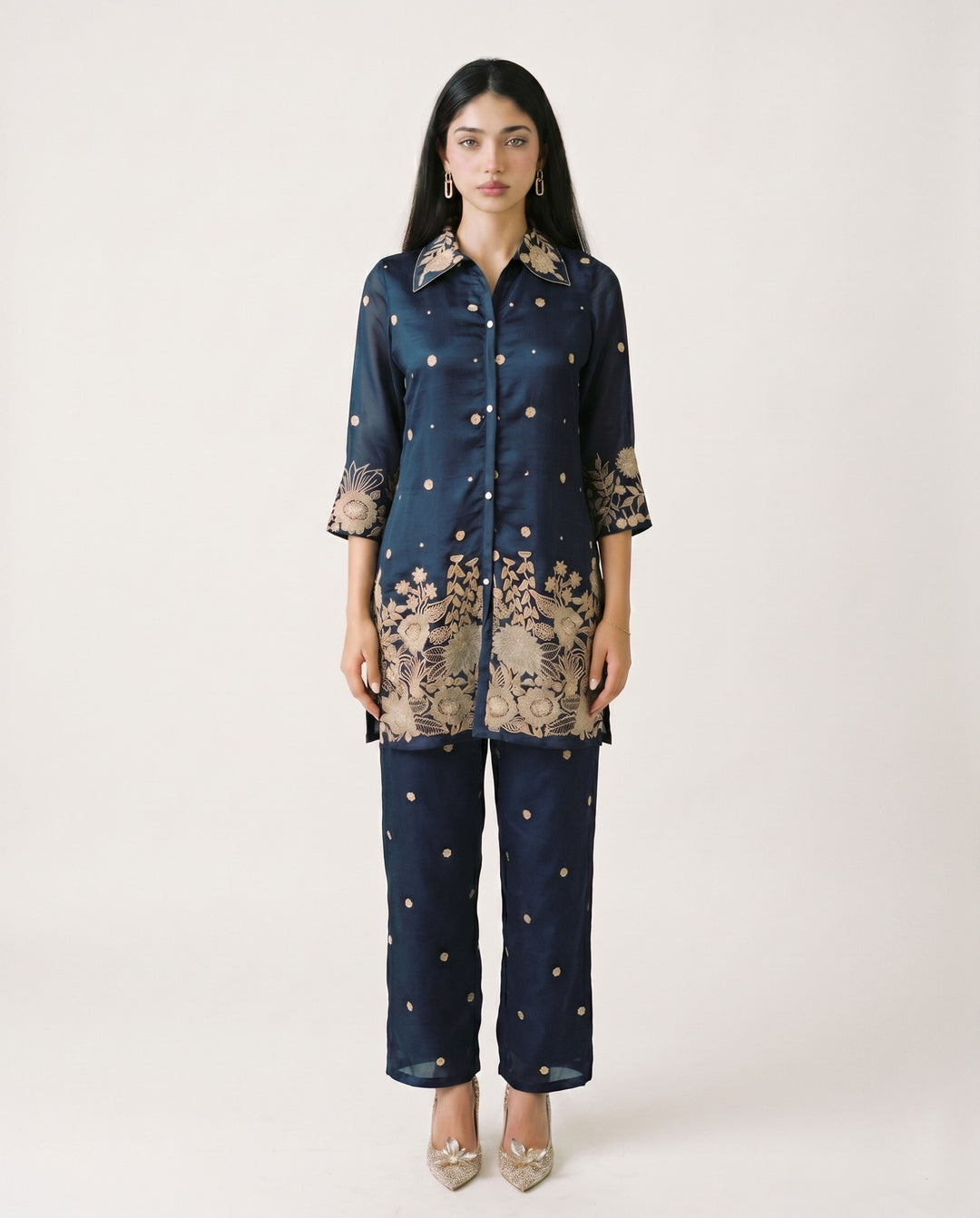 Navy Blue Embroidered Viscose &amp; Silk Blended Co-Ord Set