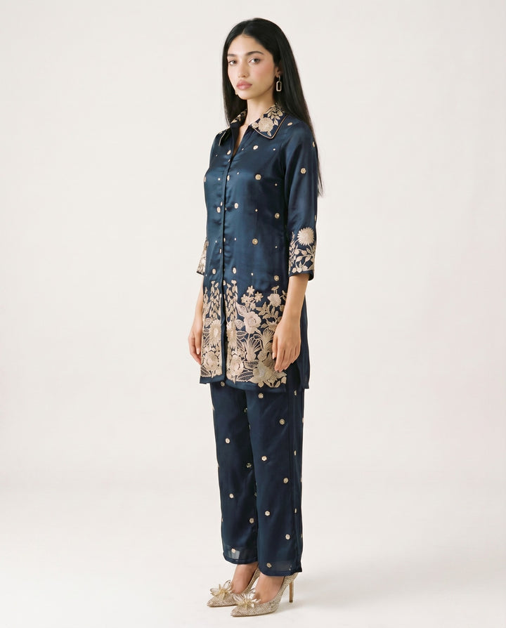 Navy Blue Embroidered Viscose &amp; Silk Blended Co-Ord Set
