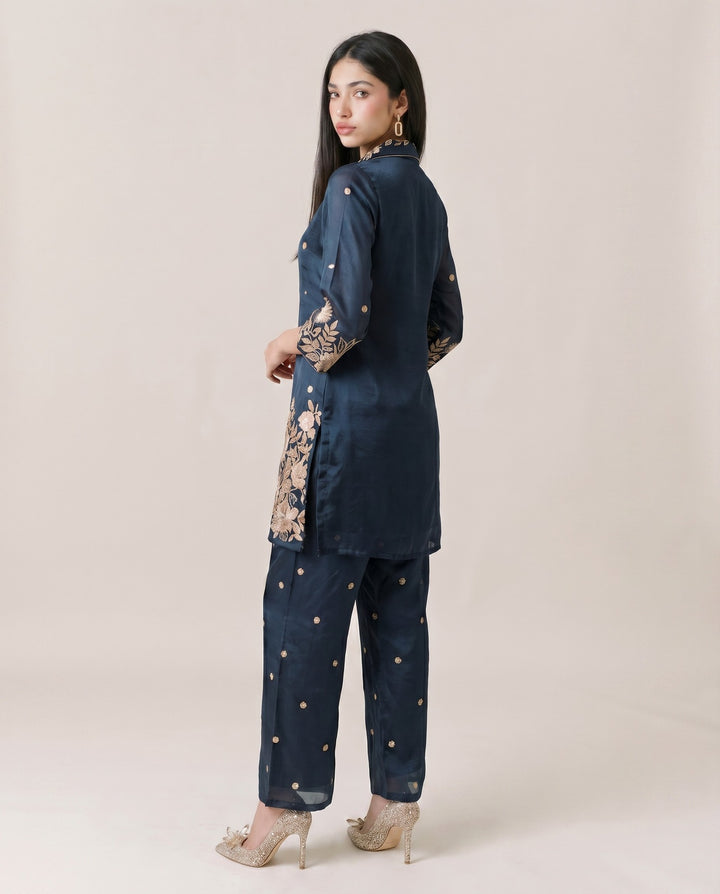 Navy Blue Embroidered Viscose &amp; Silk Blended Co-Ord Set