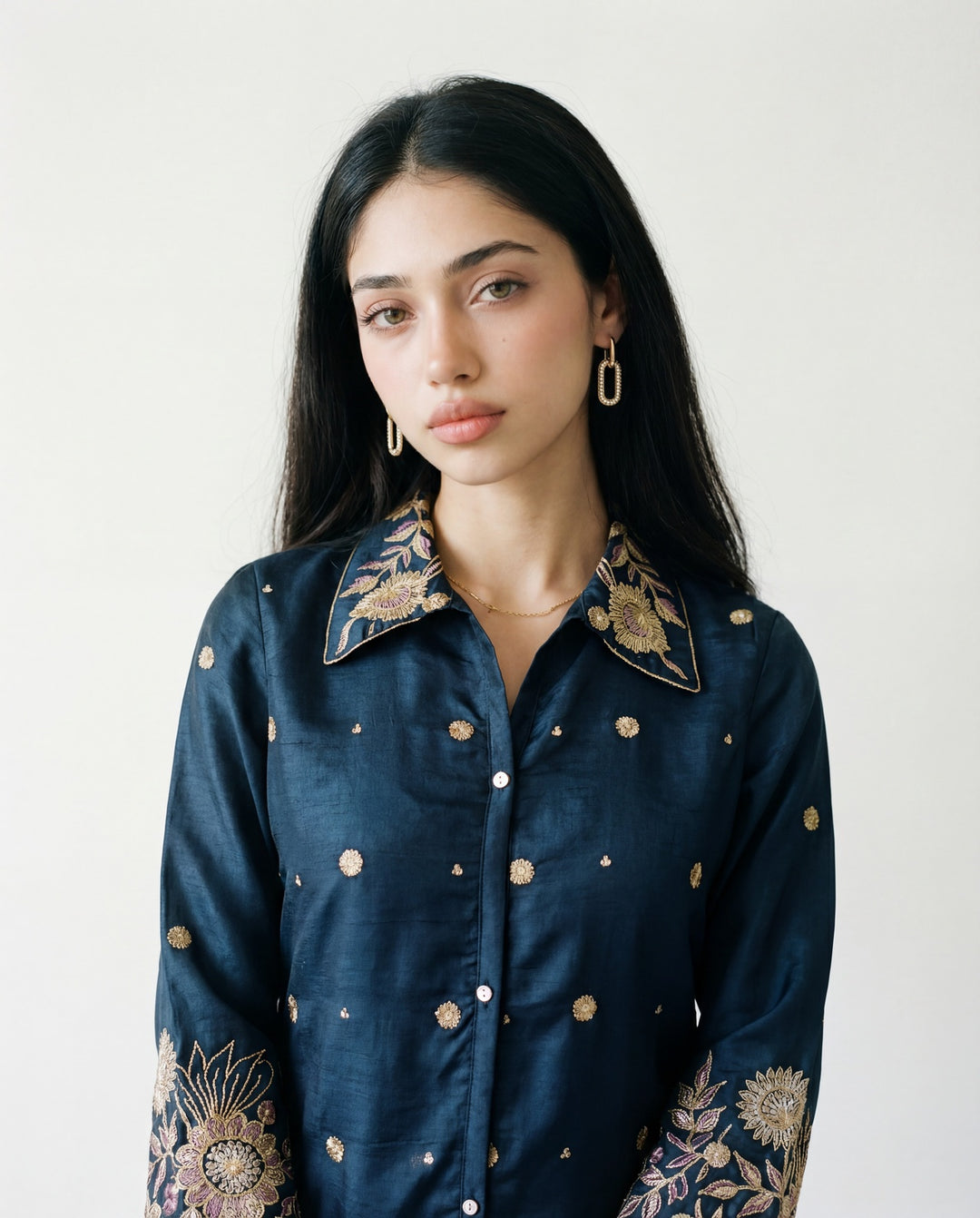 Navy Blue Embroidered Viscose &amp; Silk Blended Co-Ord Set
