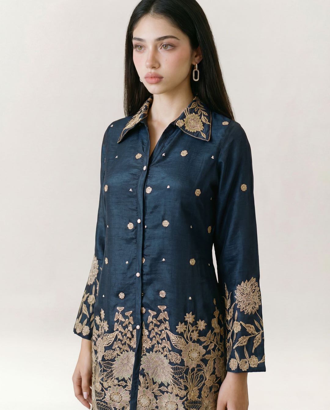 Navy Blue Embroidered Viscose &amp; Silk Blended Co-Ord Set