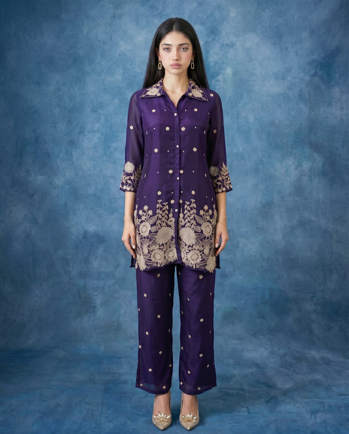 Purple Embroidered Viscose &amp; Silk Blended Co-Ord Set