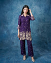 Purple Embroidered Viscose & Silk Blended Co-Ord Set