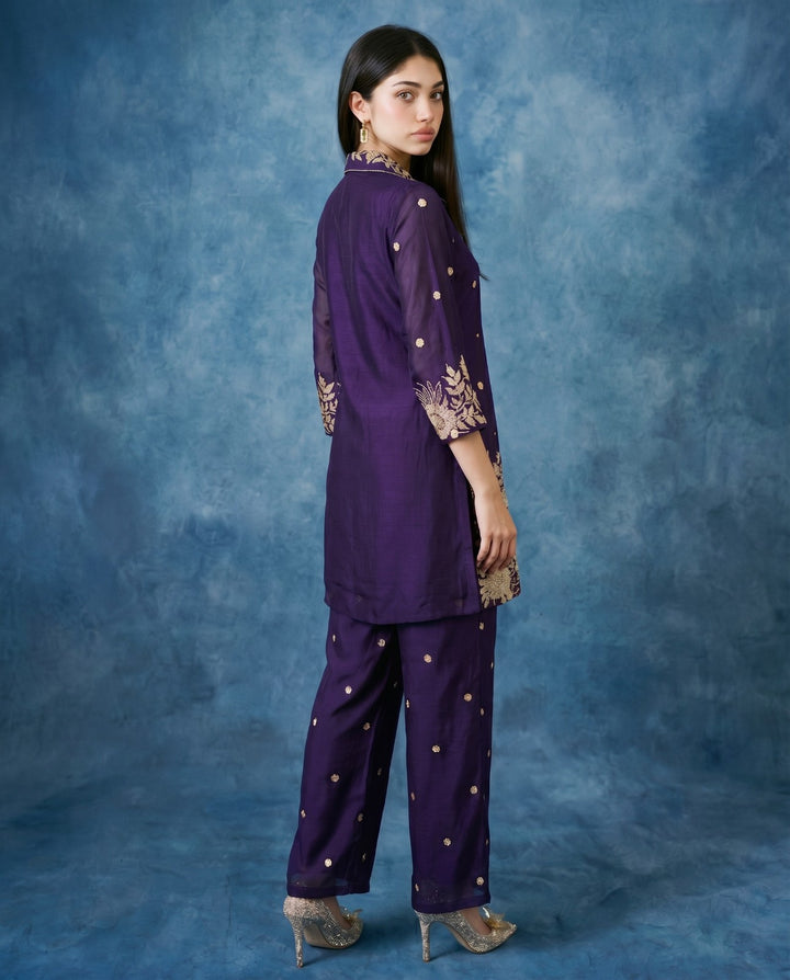 Purple Embroidered Viscose &amp; Silk Blended Co-Ord Set