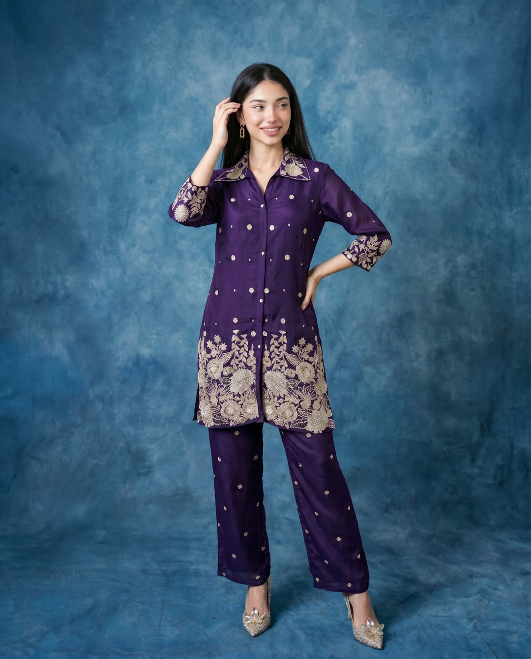 Purple Embroidered Viscose &amp; Silk Blended Co-Ord Set