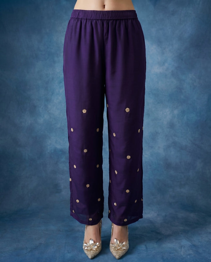 Purple Embroidered Viscose &amp; Silk Blended Co-Ord Set