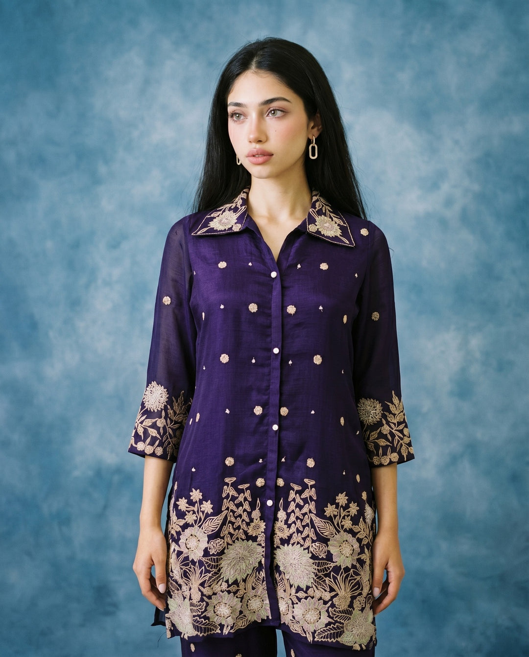 Purple Embroidered Viscose &amp; Silk Blended Co-Ord Set