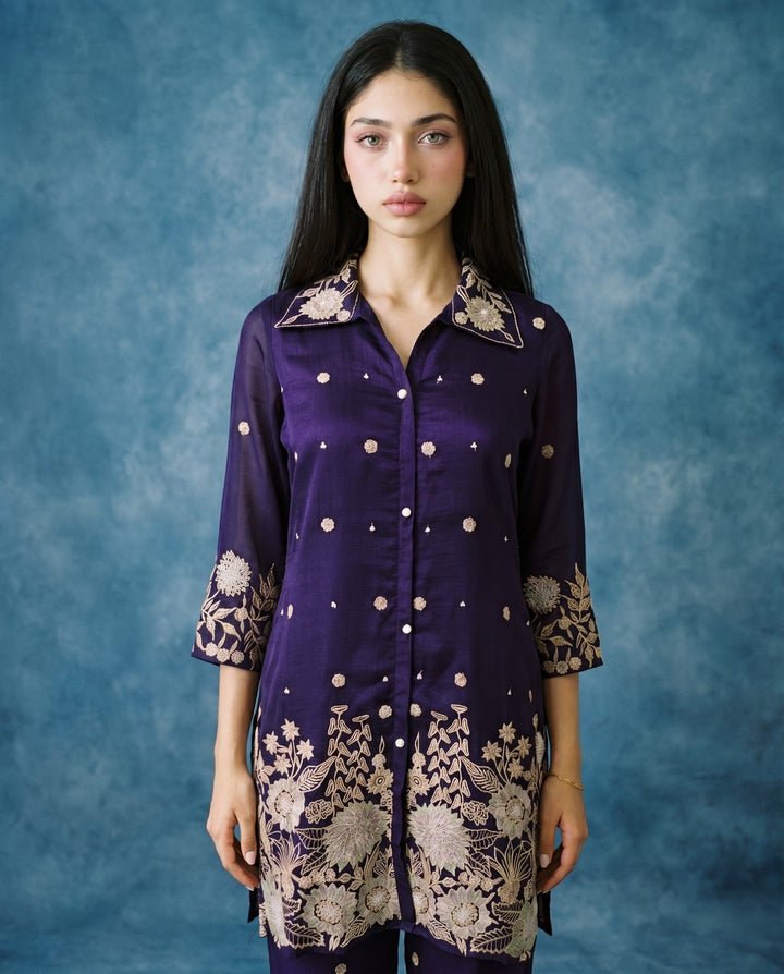 Purple Embroidered Viscose &amp; Silk Blended Co-Ord Set