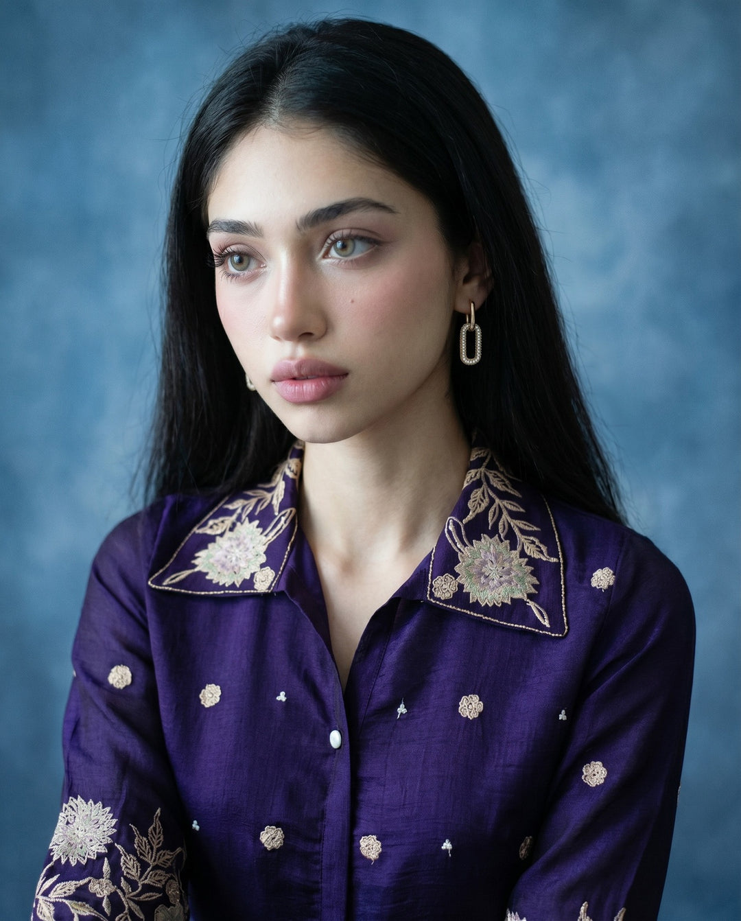 Purple Embroidered Viscose &amp; Silk Blended Co-Ord Set