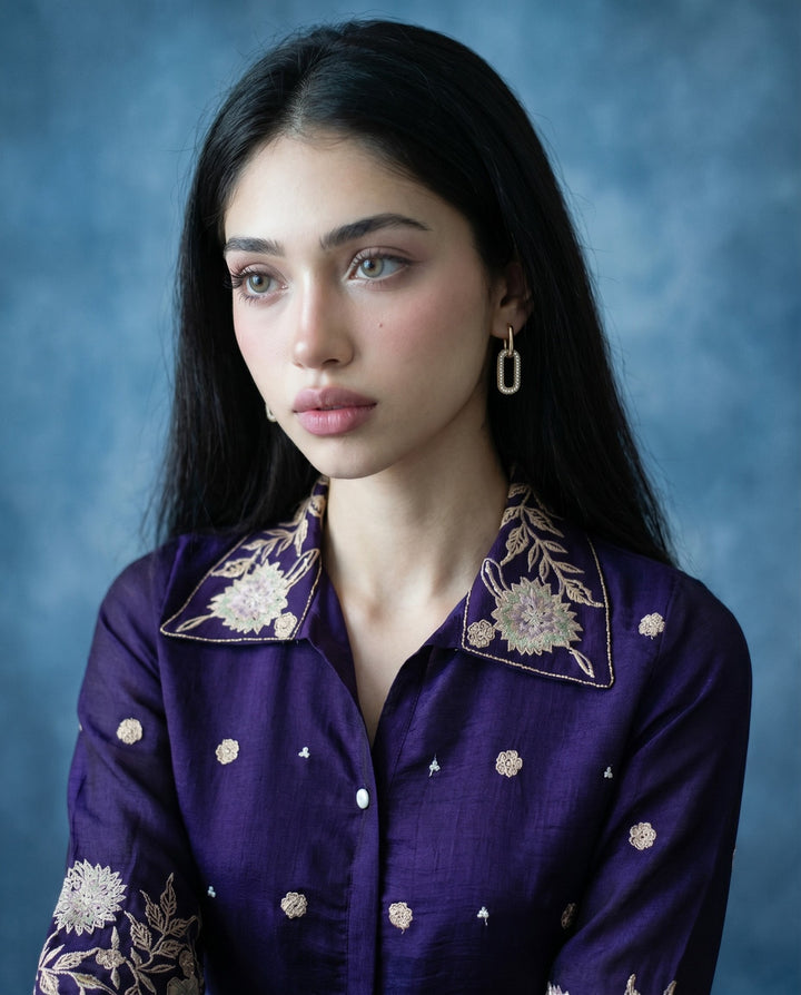 Purple Embroidered Viscose &amp; Silk Blended Co-Ord Set