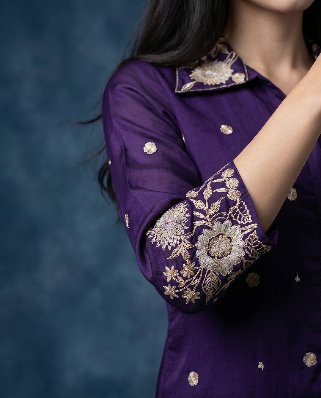 Purple Embroidered Viscose &amp; Silk Blended Co-Ord Set