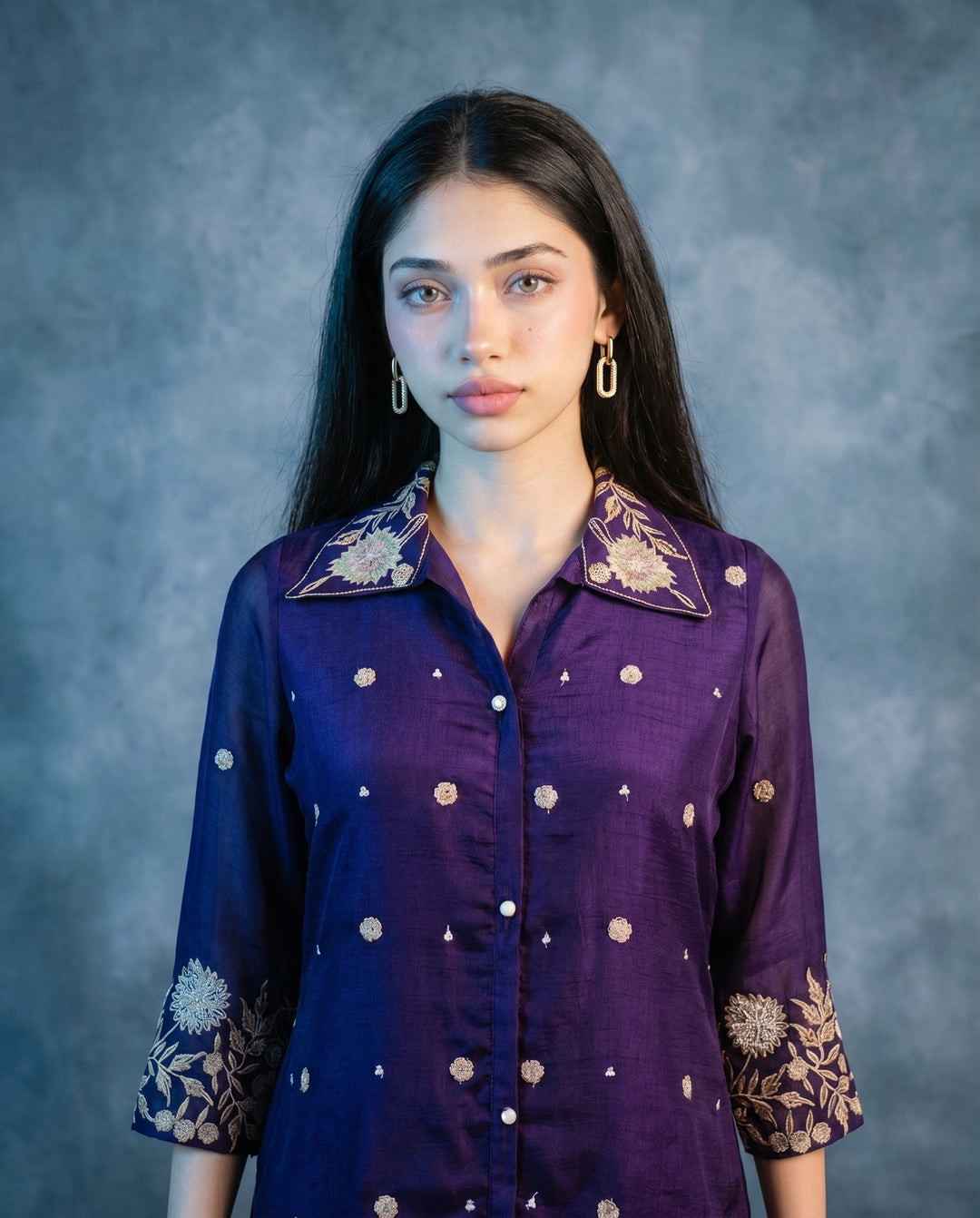 Purple Embroidered Viscose &amp; Silk Blended Co-Ord Set