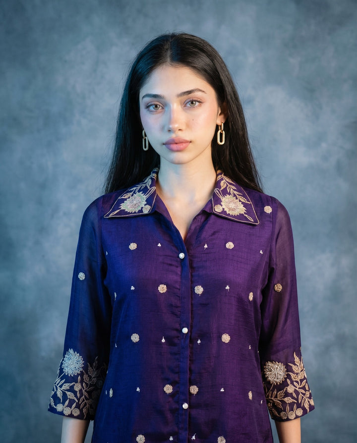 Purple Embroidered Viscose &amp; Silk Blended Co-Ord Set
