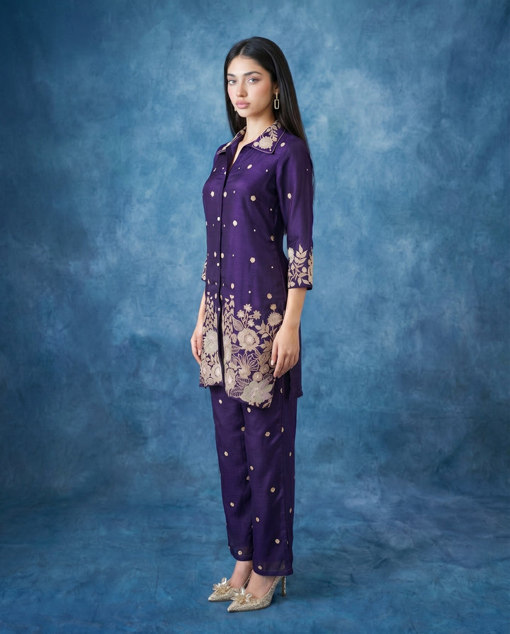 Purple Embroidered Viscose &amp; Silk Blended Co-Ord Set