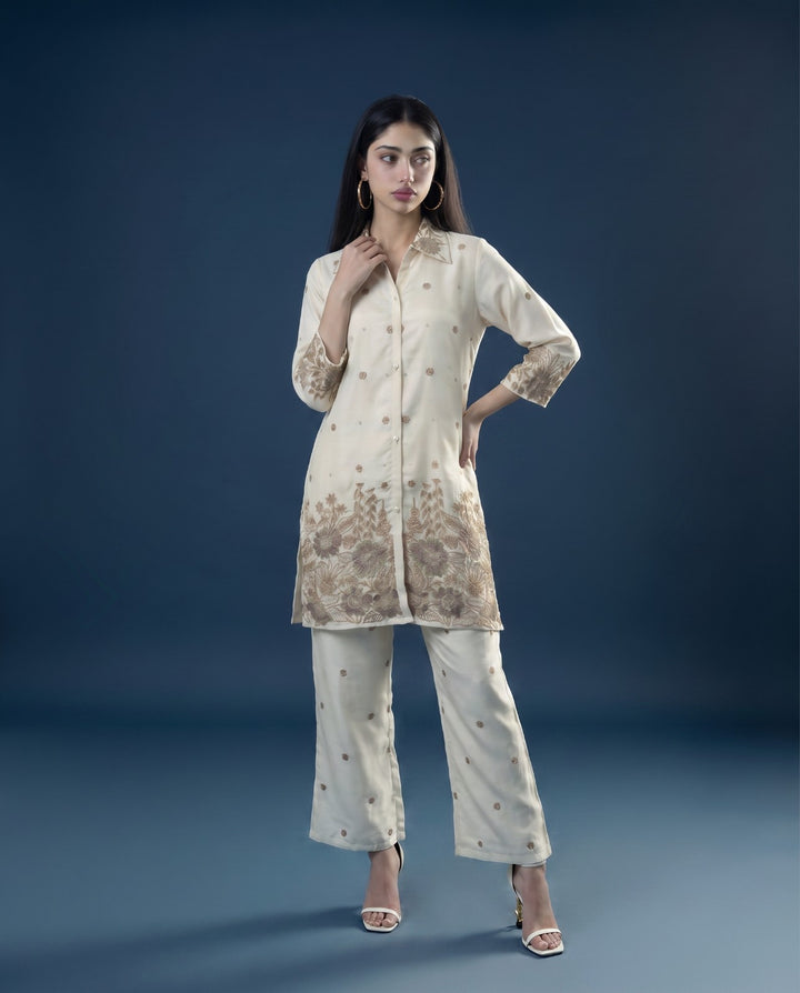 White Embroidered Viscose &amp; Silk Blended Co-Ord Set