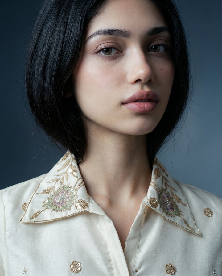 White Embroidered Viscose &amp; Silk Blended Co-Ord Set
