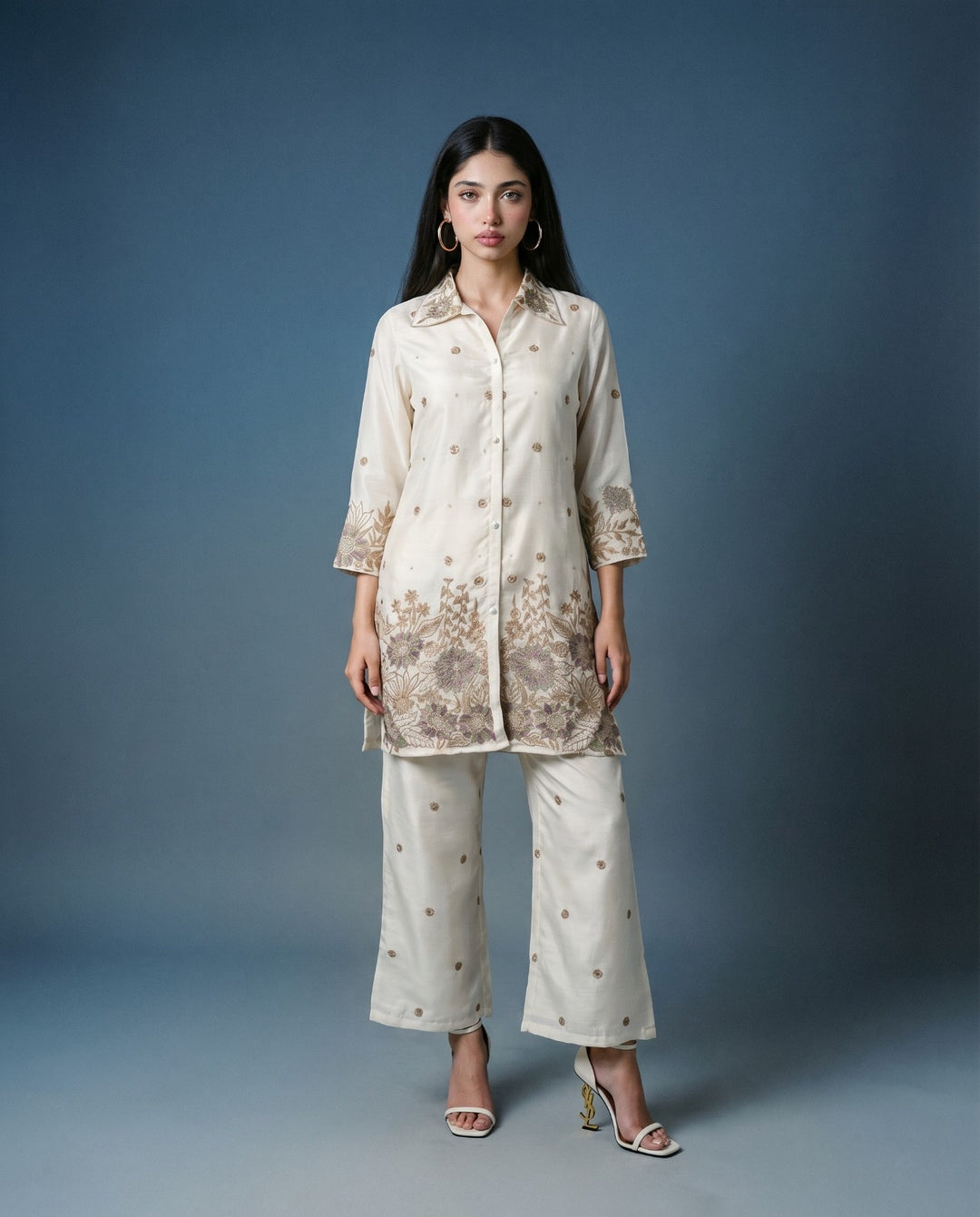 White Embroidered Viscose &amp; Silk Blended Co-Ord Set
