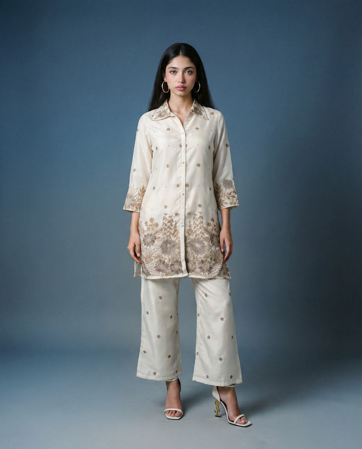 White Embroidered Viscose &amp; Silk Blended Co-Ord Set